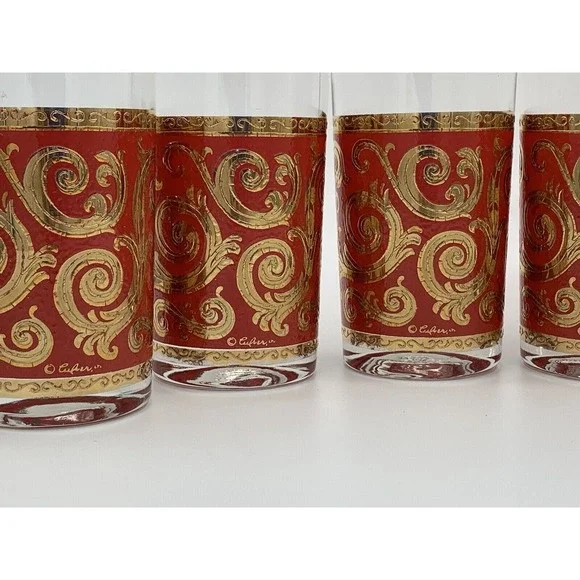 Culver ltd MCM Red 22K Gold Swirl Set of 6 Leaf Scroll Baroque High Ball Glasses - Picture 4 of 16